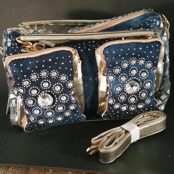 Denim Bling Handbags - ☆Last One☆ Bling Denim/Gold Faux Lthr Bag NWT